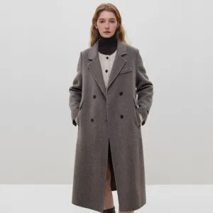 100% Wool Dark Grey Winter Mid-Length Straight Wool Coat - Simple Notched Collar, Temperament Shoulder Design