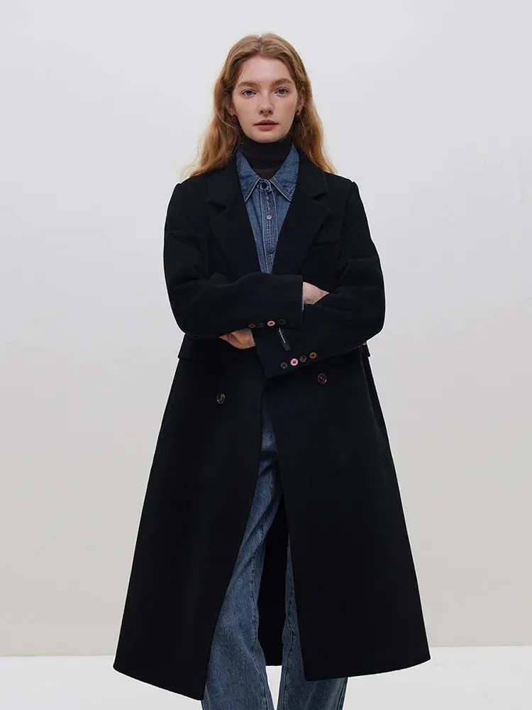 100% Wool Dark Grey Winter Mid-Length Straight Wool Coat - Simple Notched Collar, Temperament Shoulder Design