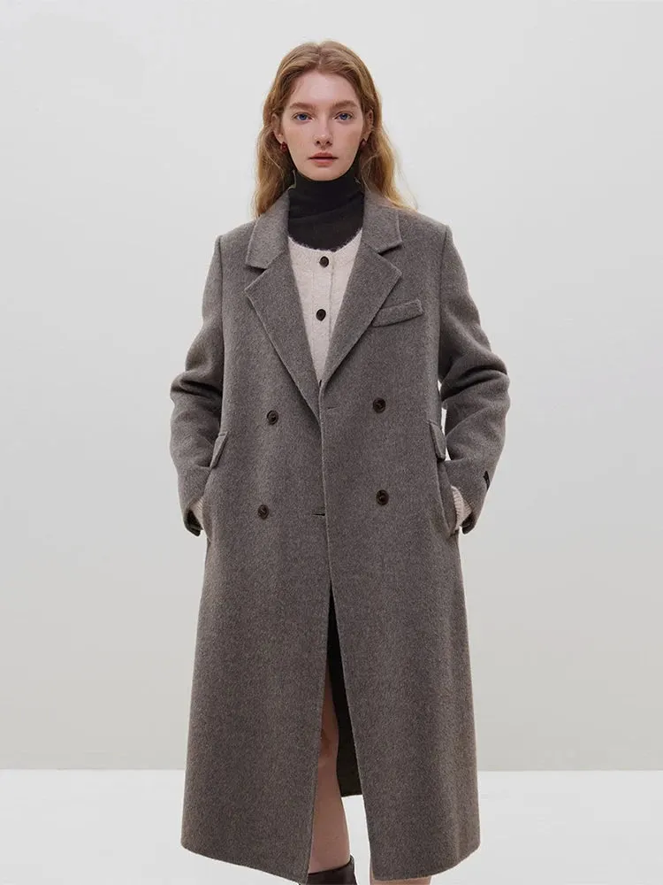 100% Wool Dark Grey Winter Mid-Length Straight Wool Coat - Simple Notched Collar, Temperament Shoulder Design