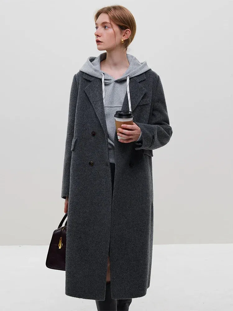 100% Wool Dark Grey Winter Mid-Length Straight Wool Coat - Simple Notched Collar, Temperament Shoulder Design