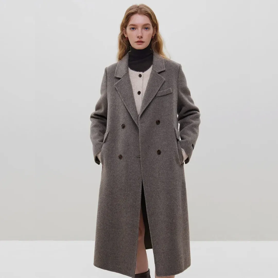 100% Wool Dark Grey Winter Mid-Length Straight Wool Coat - Simple Notched Collar, Temperament Shoulder Design