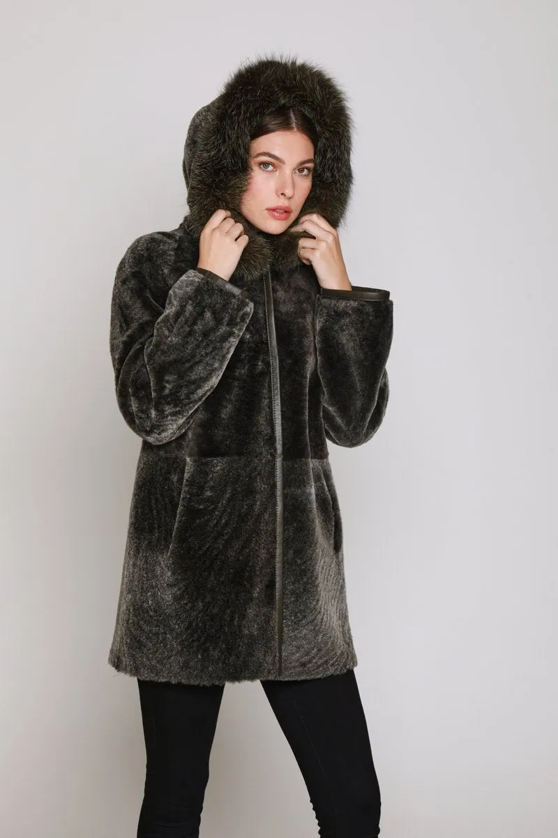 #151HDTFX Hooded Fox-Trimmed Shearling Reversible Coat Sale