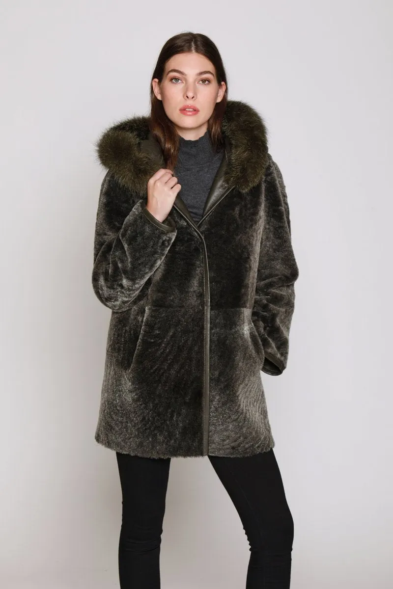 #151HDTFX Hooded Fox-Trimmed Shearling Reversible Coat Sale