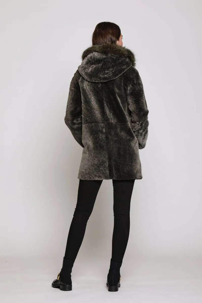 #151HDTFX Hooded Fox-Trimmed Shearling Reversible Coat Sale