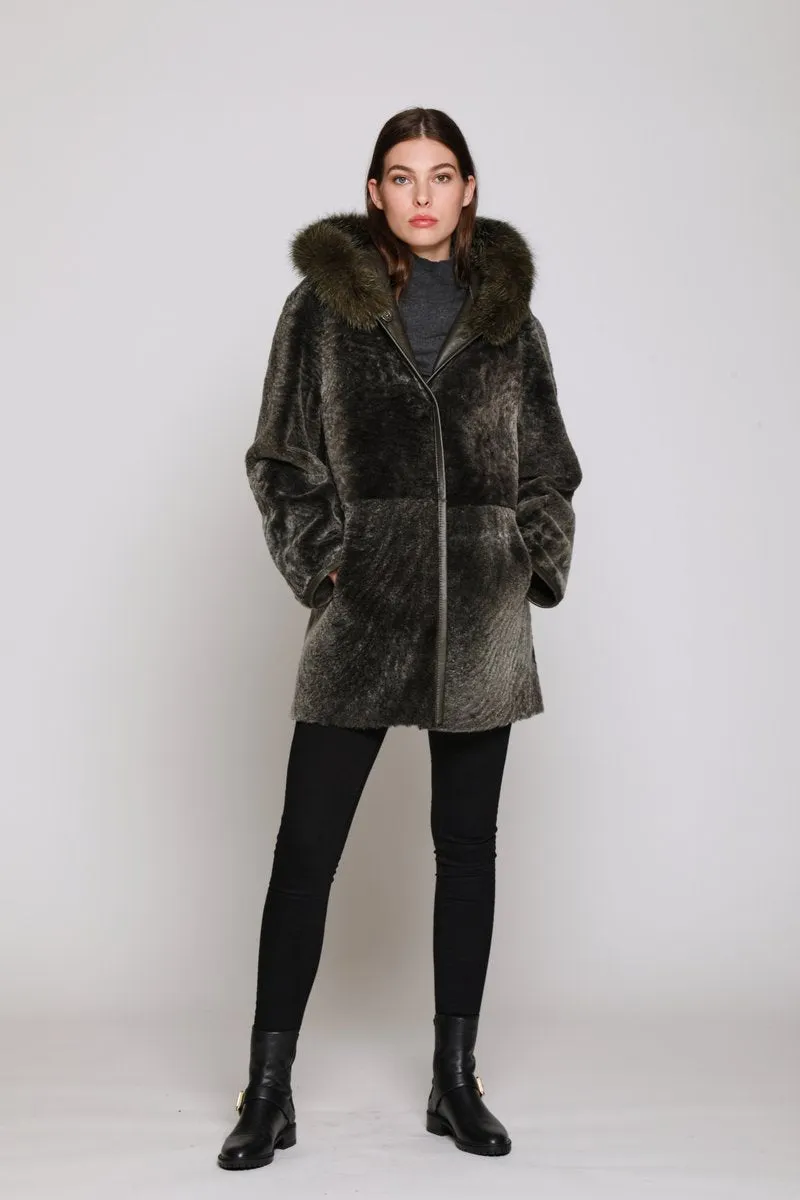 #151HDTFX Hooded Fox-Trimmed Shearling Reversible Coat Sale