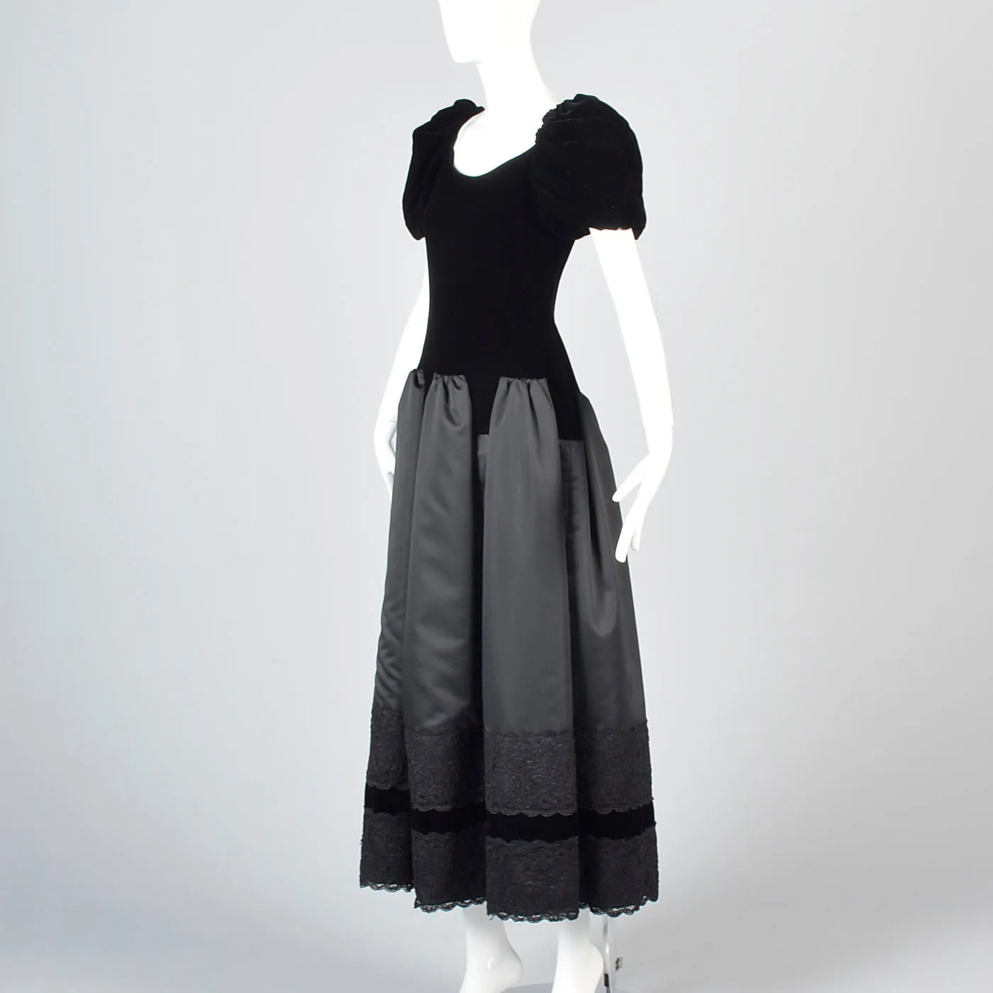 1980s Scaasi Black Velvet Drop Waist Evening Dress