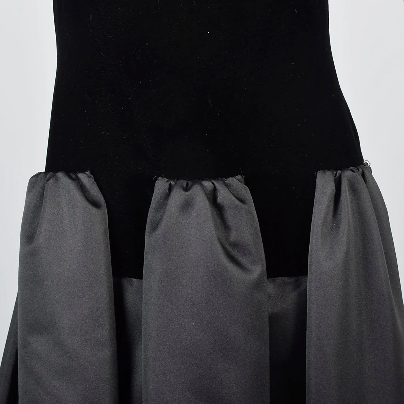 1980s Scaasi Black Velvet Drop Waist Evening Dress