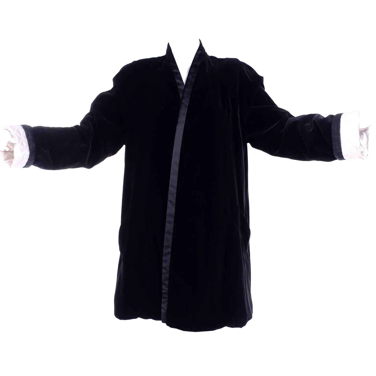 1990s Escada Couture Black Velvet Evening Coat W/ Quilted Silk Ivory Lining