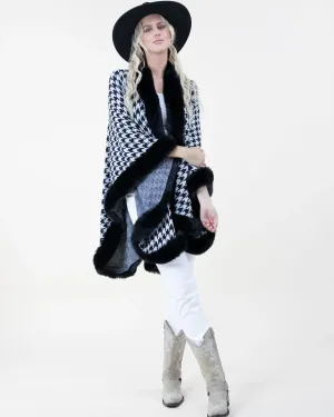 Black & White Houndstooth Cape w/ Faux Fur Trim