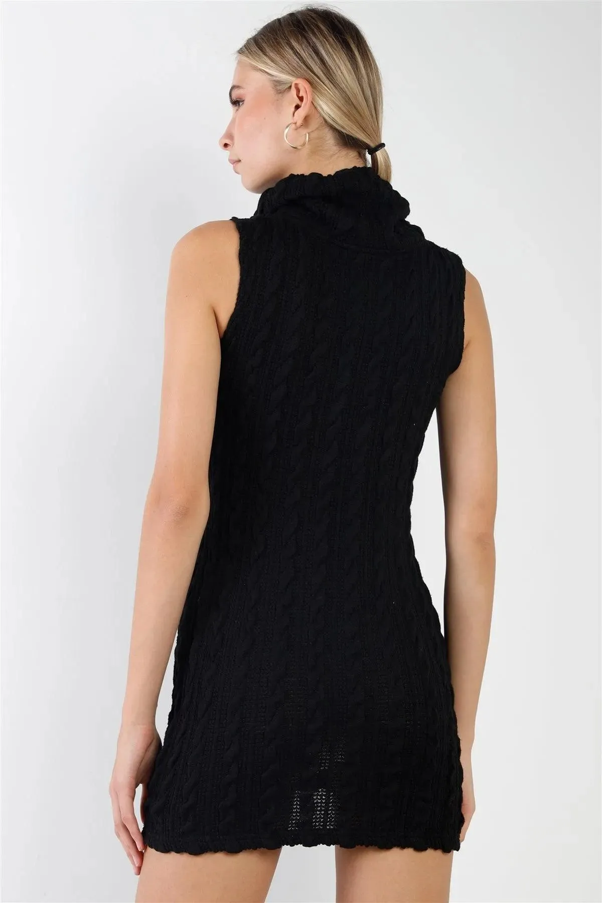 Black Cowl Neck Zip-Accent Sleeveless Boho Sweater Mini Dress /2-3-1