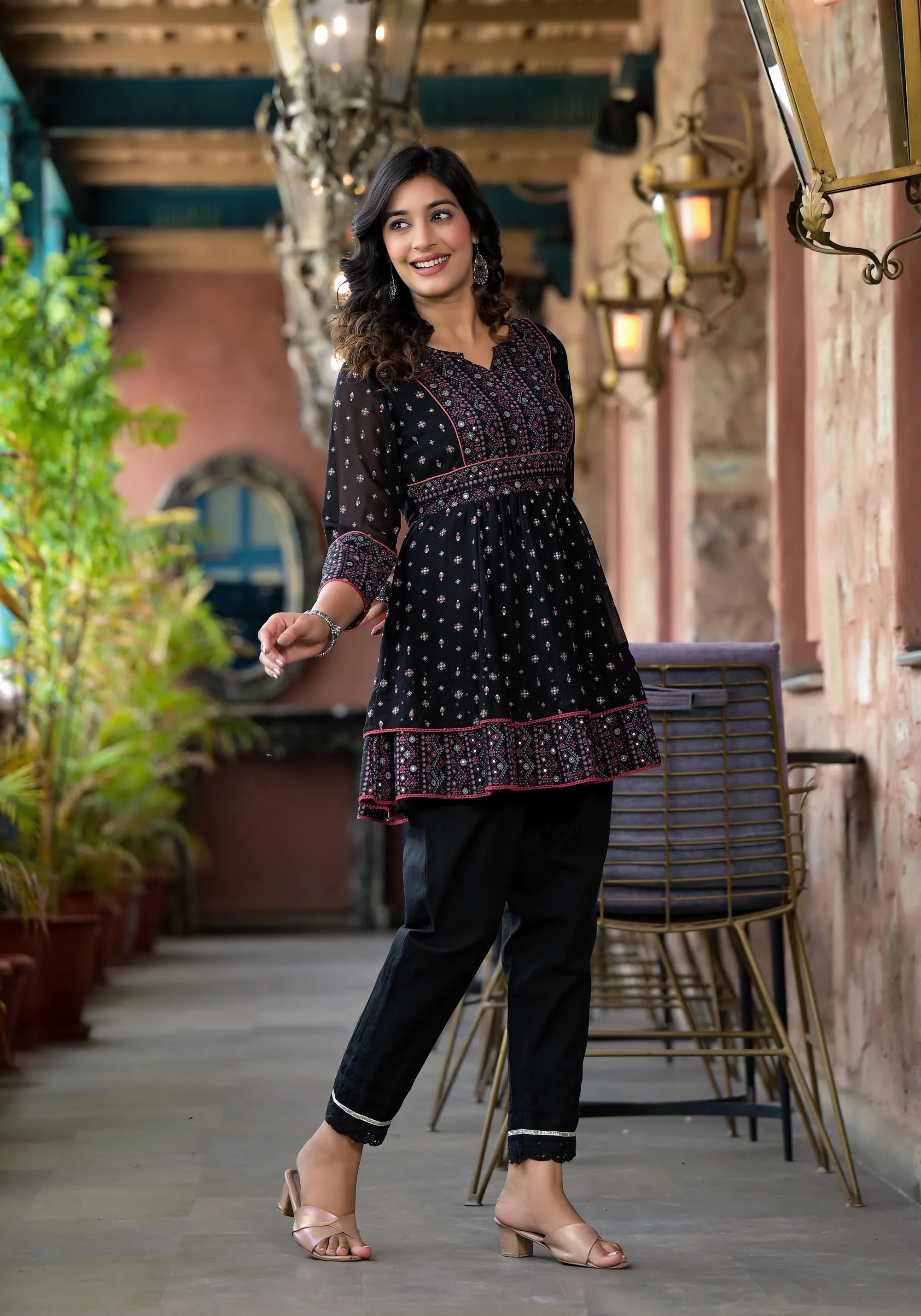 Black Ethnic Motif Printed Georgette A Lined Tunic