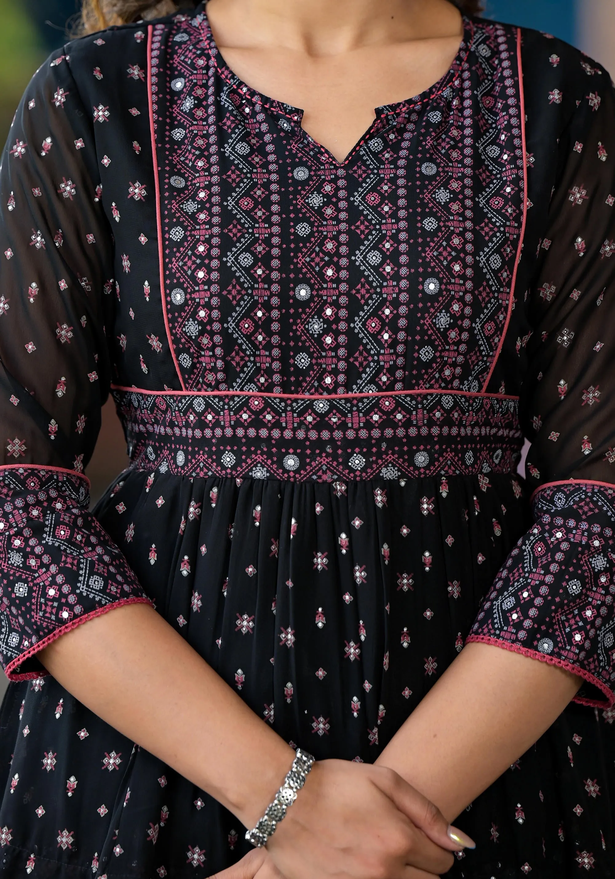 Black Ethnic Motif Printed Georgette A Lined Tunic