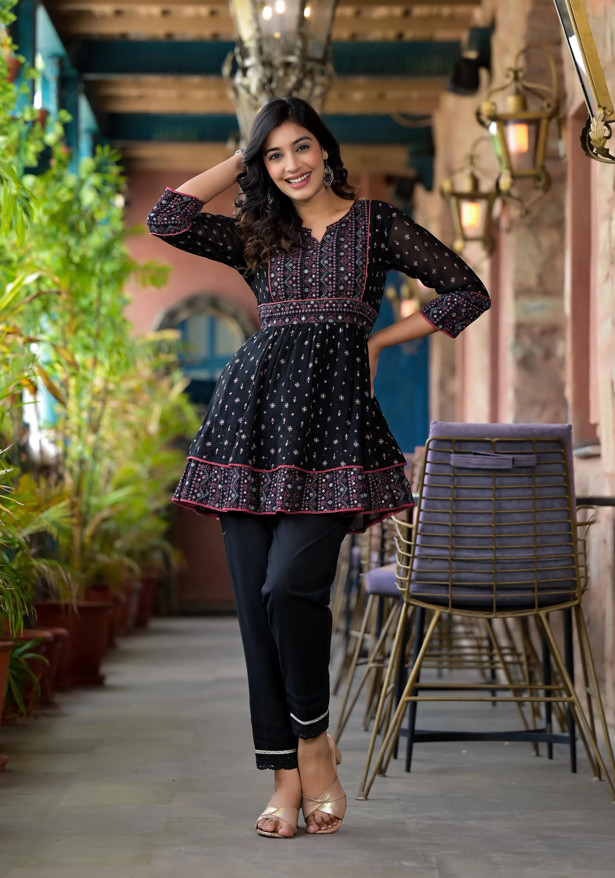 Black Ethnic Motif Printed Georgette A Lined Tunic