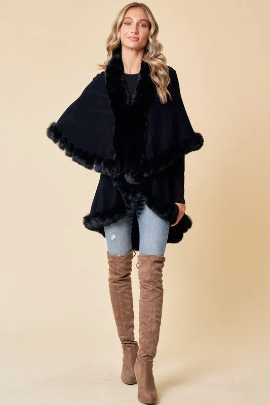 Black Faux Fur Shawl Women Fine Knit Open