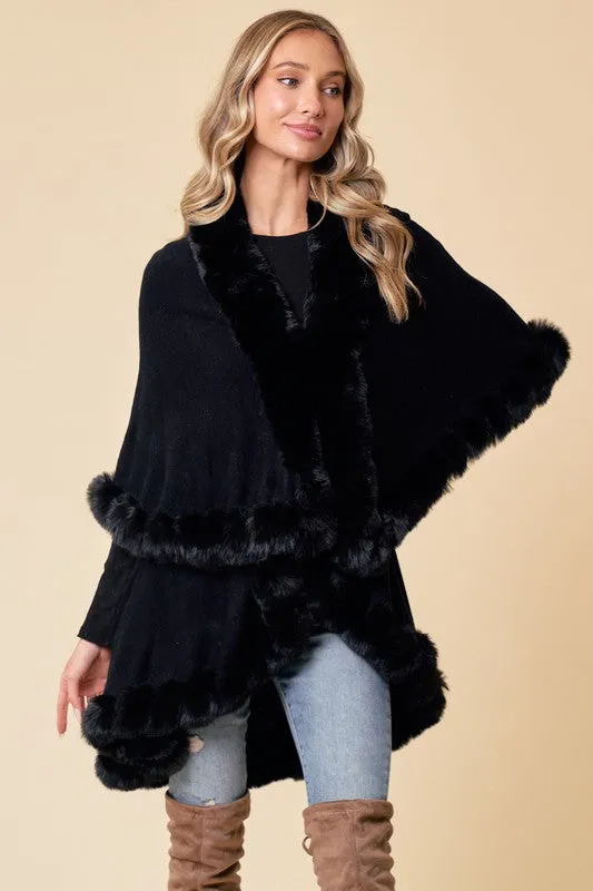 Black Faux Fur Shawl Women Fine Knit Open