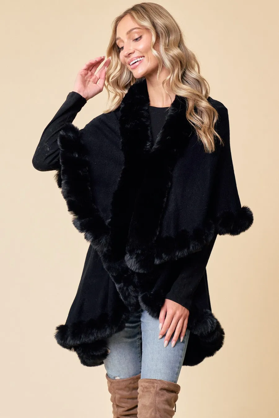 Black Faux Fur Shawl Women Fine Knit Open