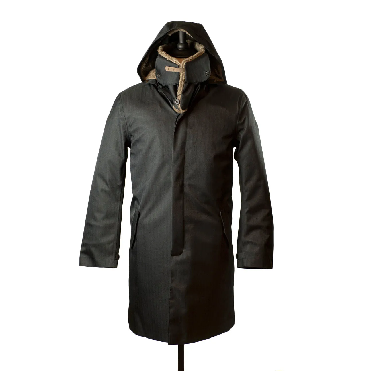 Black herringbone Moscow raincoat with shearling collar and Arctic padded lining