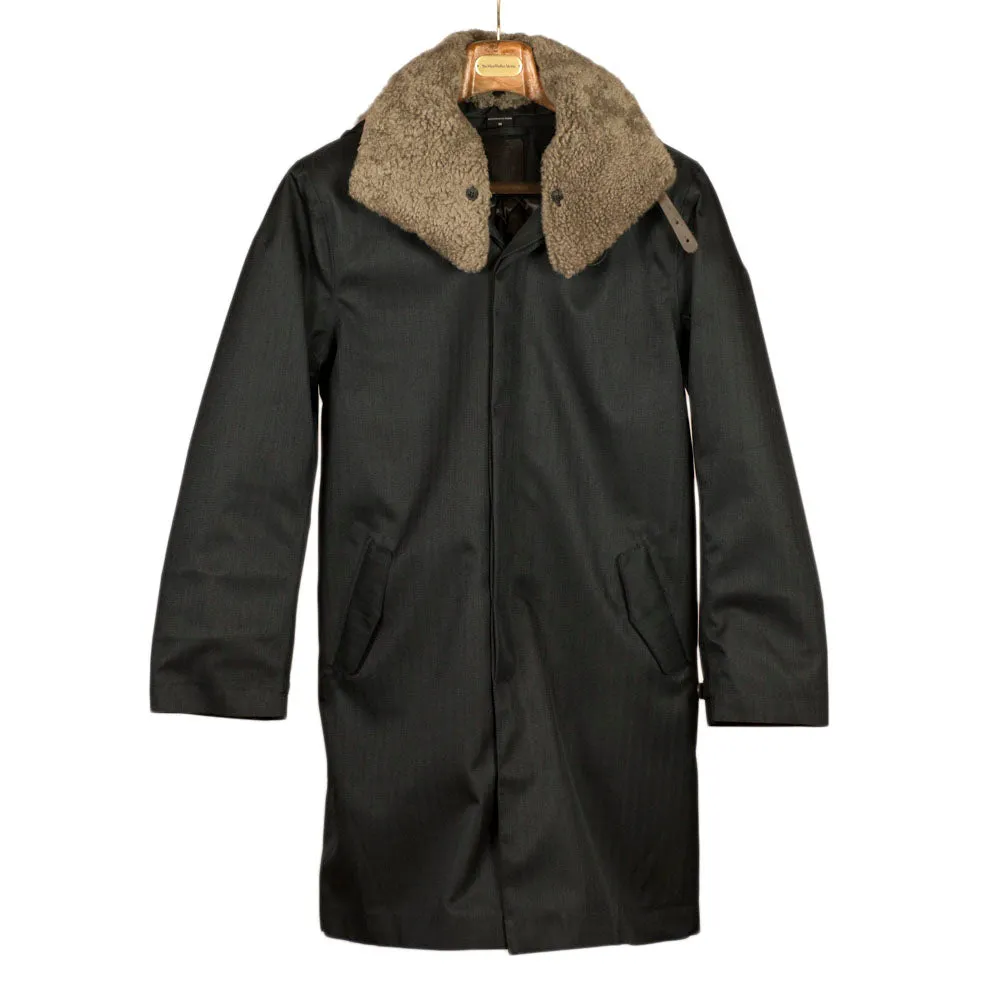 Black herringbone Moscow raincoat with shearling collar and Arctic padded lining