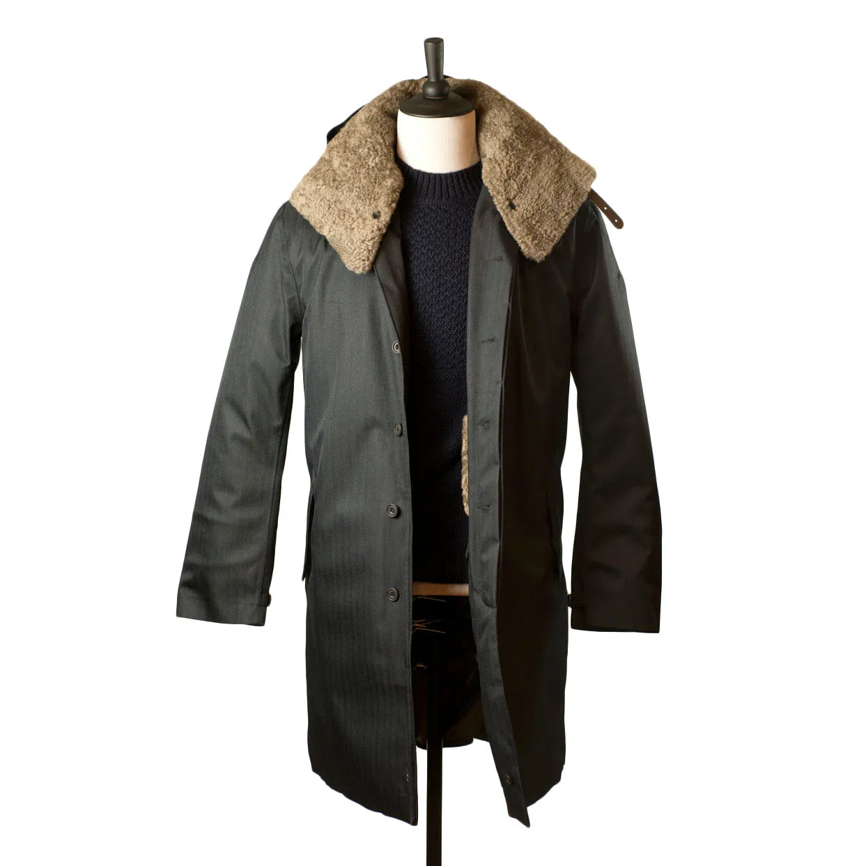 Black herringbone Moscow raincoat with shearling collar and Arctic padded lining