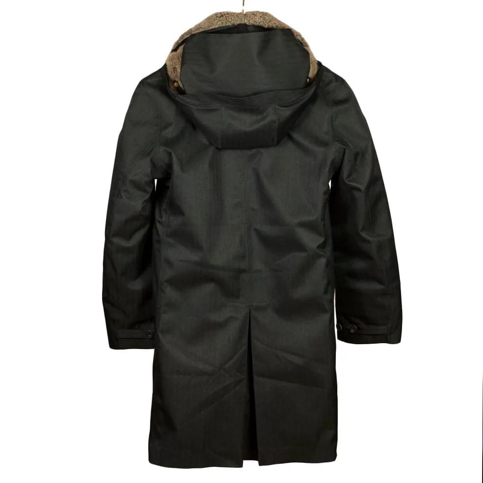 Black herringbone Moscow raincoat with shearling collar and Arctic padded lining