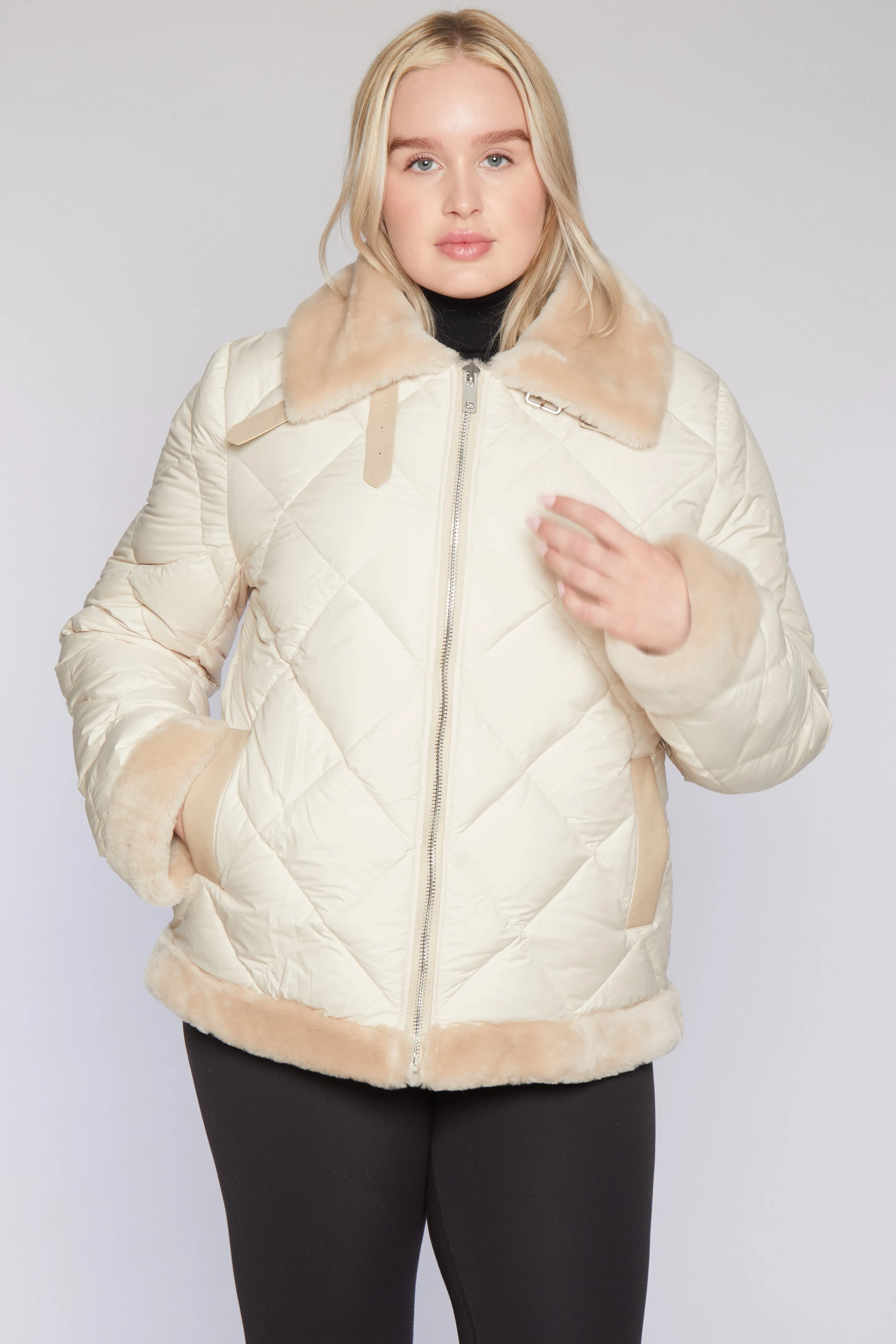 #C123 Quilted Puffer Flight Jacket Trimmed in Flocked Lamb  jsut 2 left $175