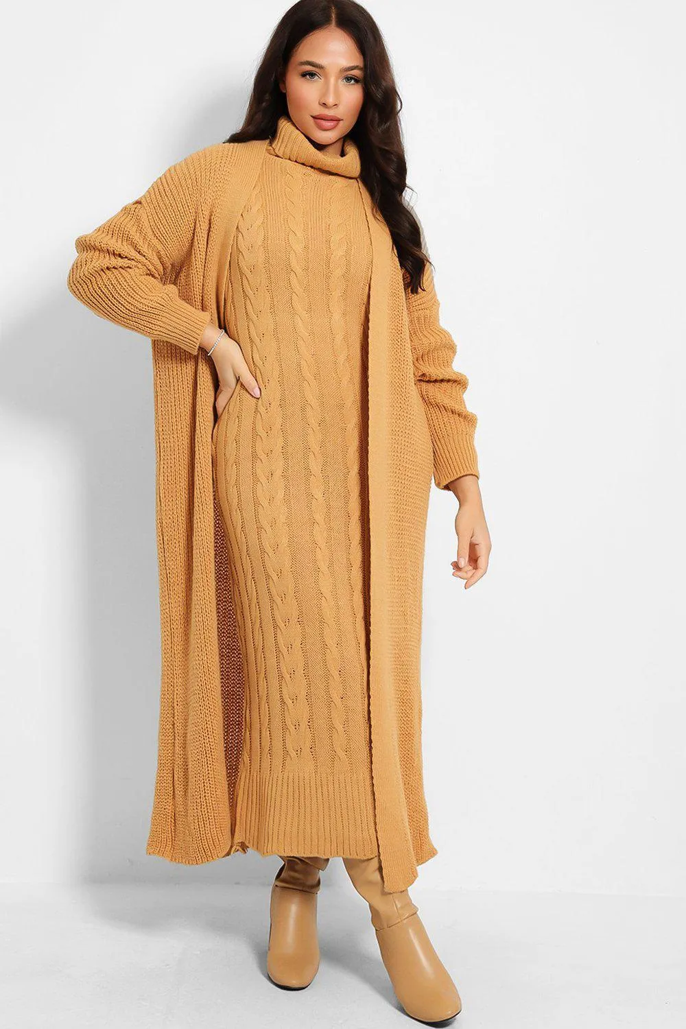 CAMEL CABLE KNIT ROLL NECK MAXI DRESS & CARDIGAN SET