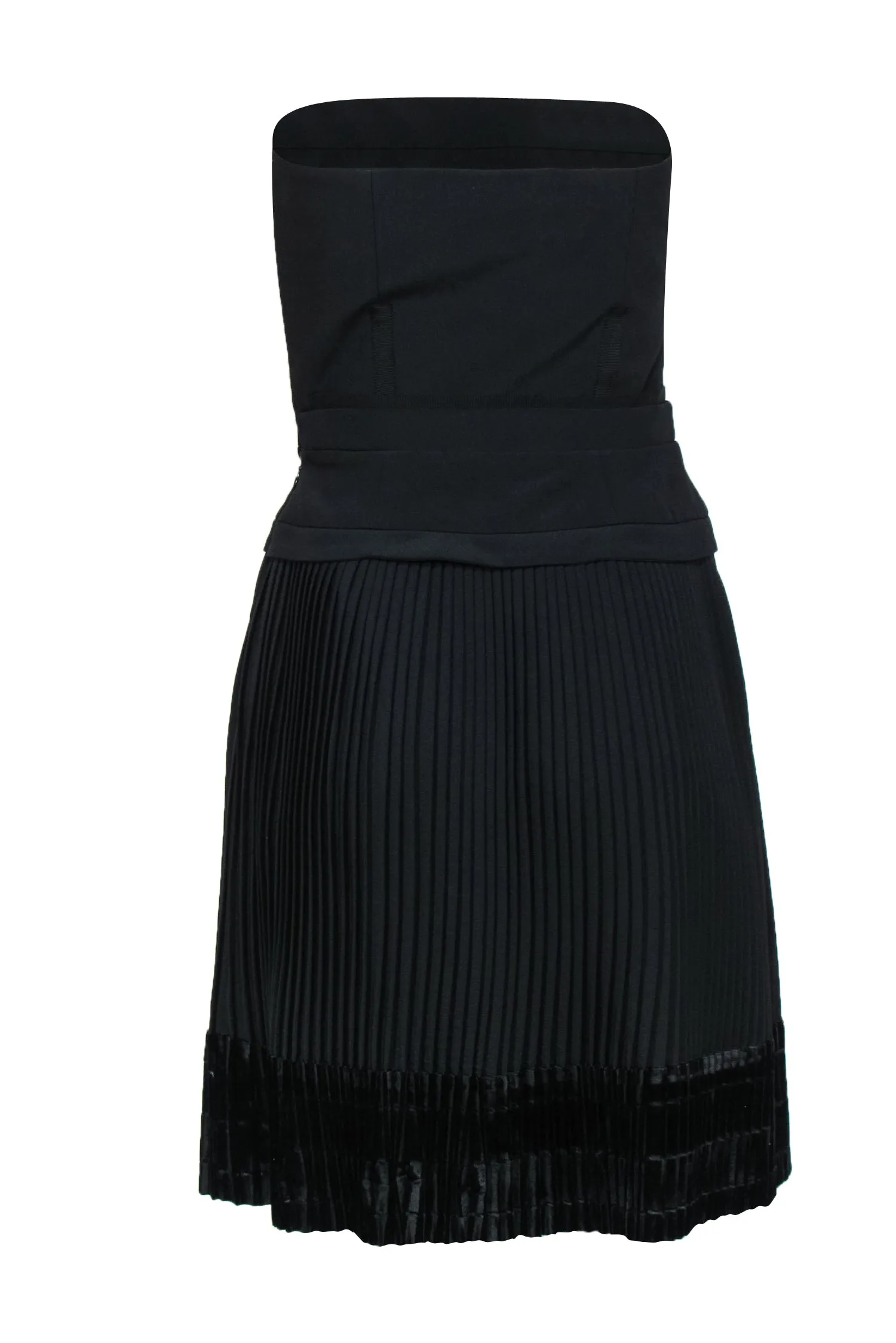 Carven - Black Strapless Sheath Dress w/ Pleated Skirt & Velvet Trim Sz 4