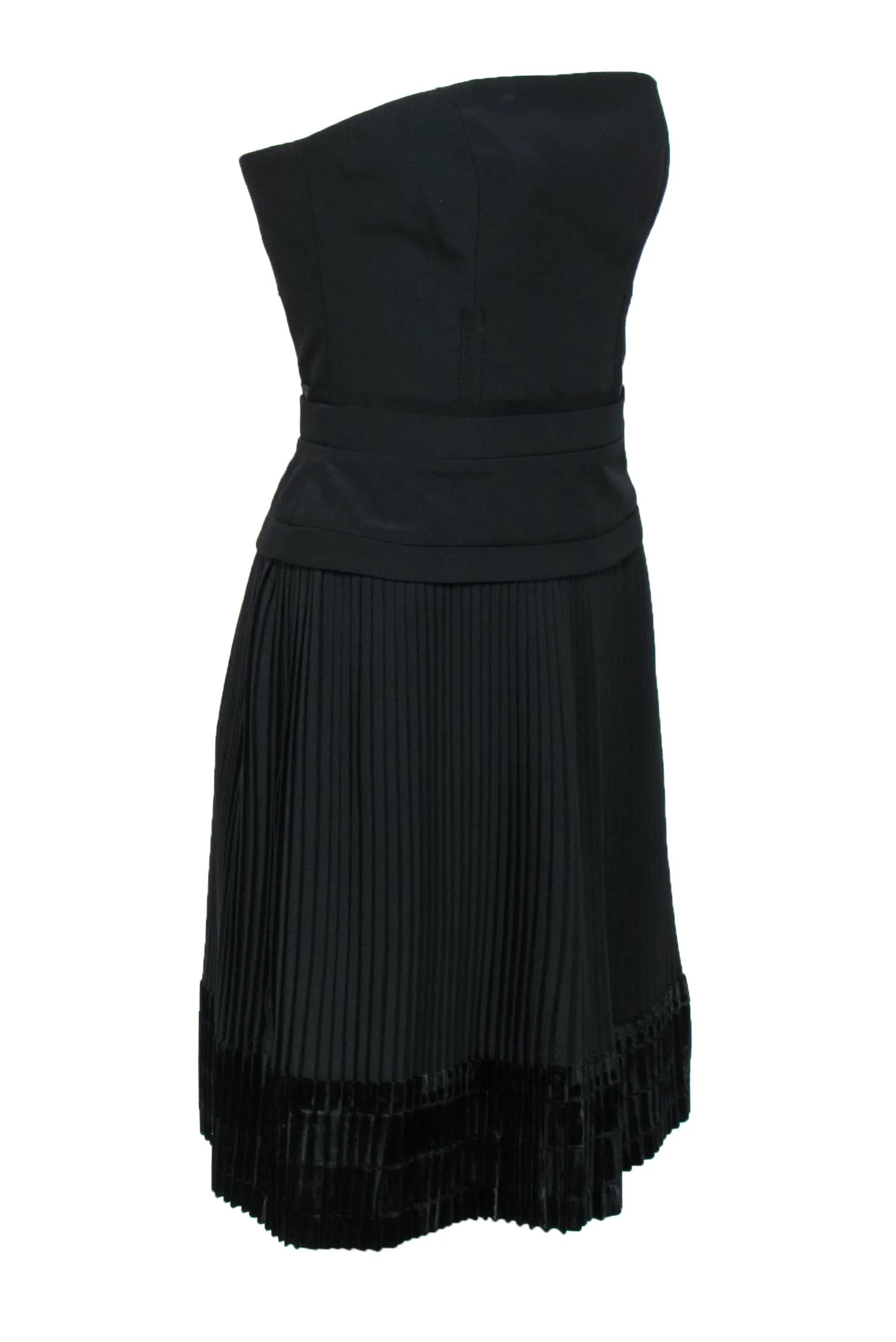 Carven - Black Strapless Sheath Dress w/ Pleated Skirt & Velvet Trim Sz 4