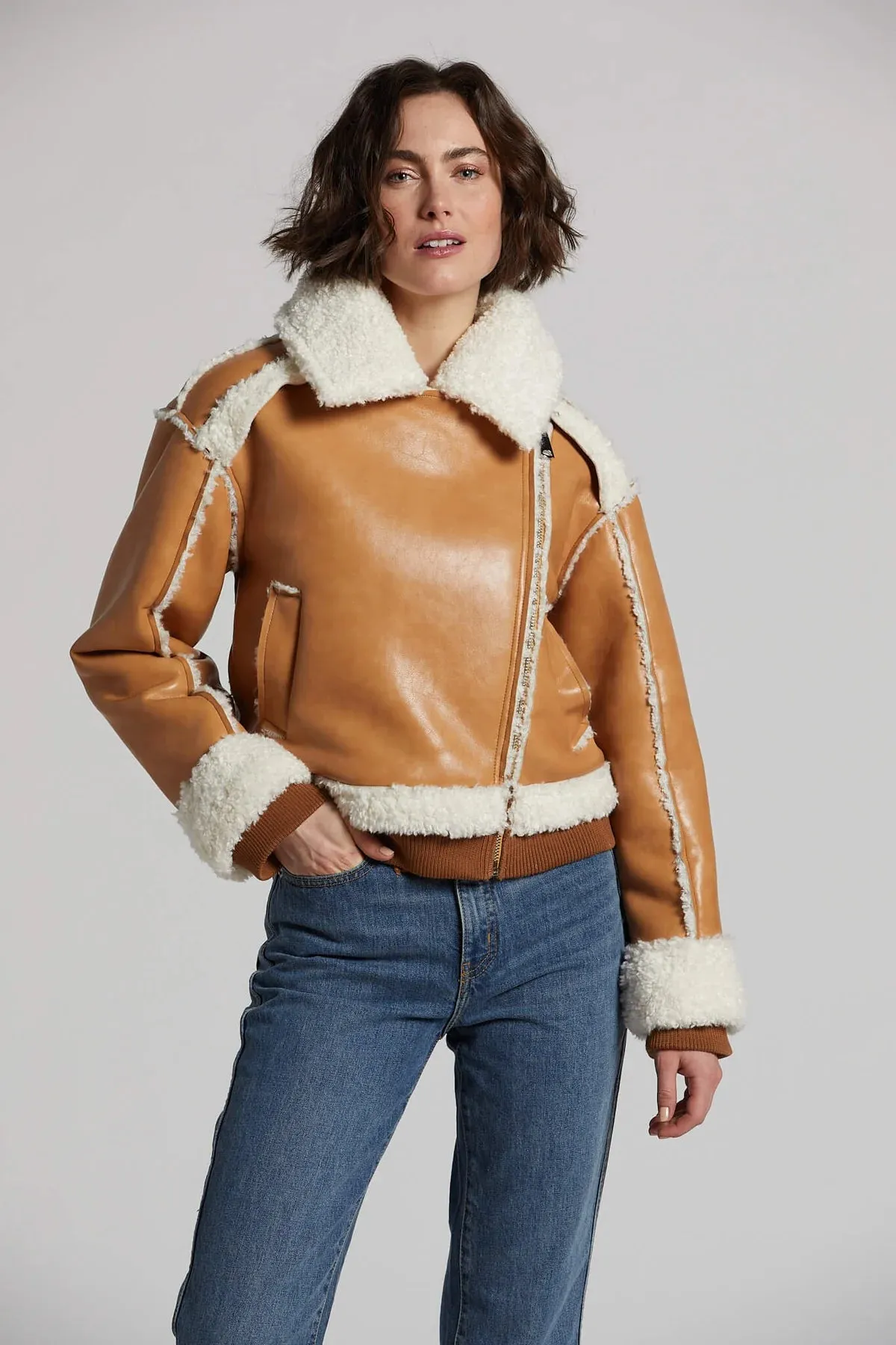 Clayton Faux Shearling Moto Jacket - Camel