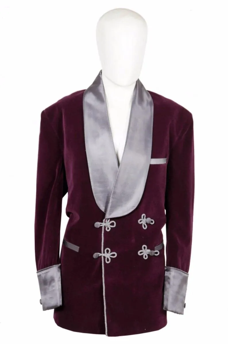 Copy of Jackets Men Burgundy Velvet Robe De chambre Evening Dinner Coat Robe