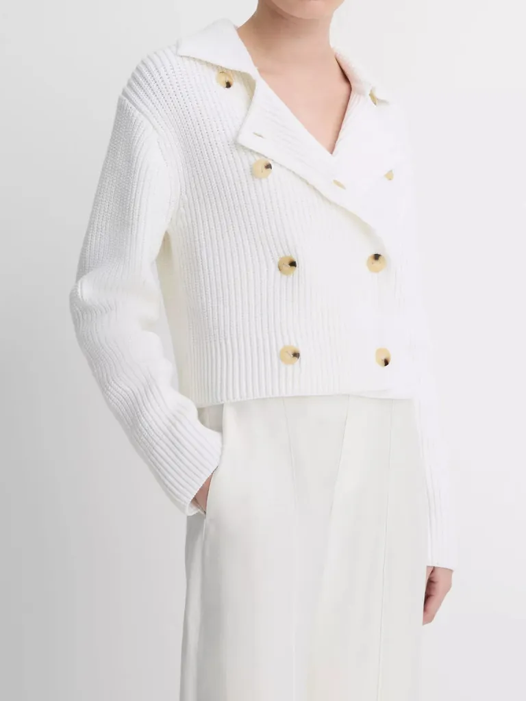 Cotton-Blend Double-Breasted Sweater Jacket in Optic White