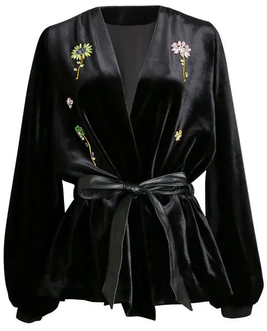 Crystal-Embellished Velvet Wrap Jacket