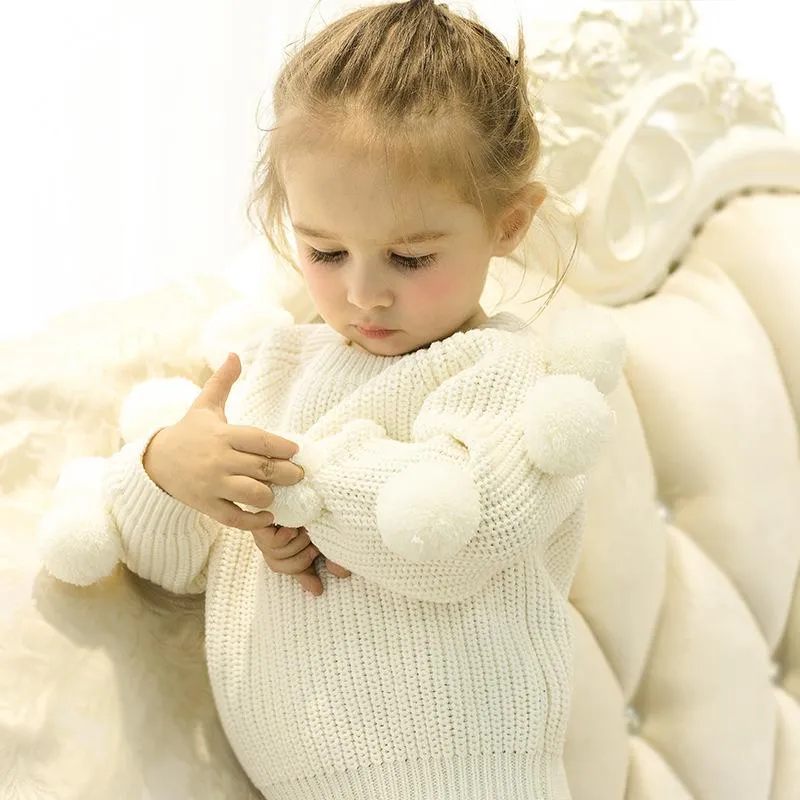 Cute Pom-pom Decor White Knitted Jumper