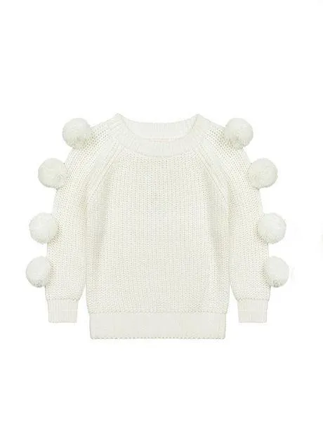 Cute Pom-pom Decor White Knitted Jumper