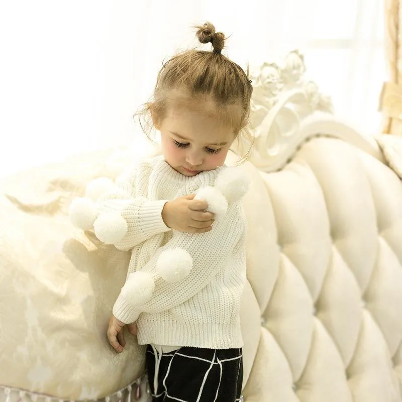 Cute Pom-pom Decor White Knitted Jumper