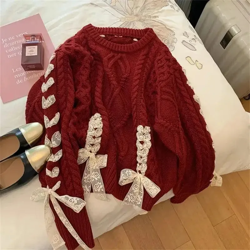 Cute Red Twists Ribbon Knit Sweater