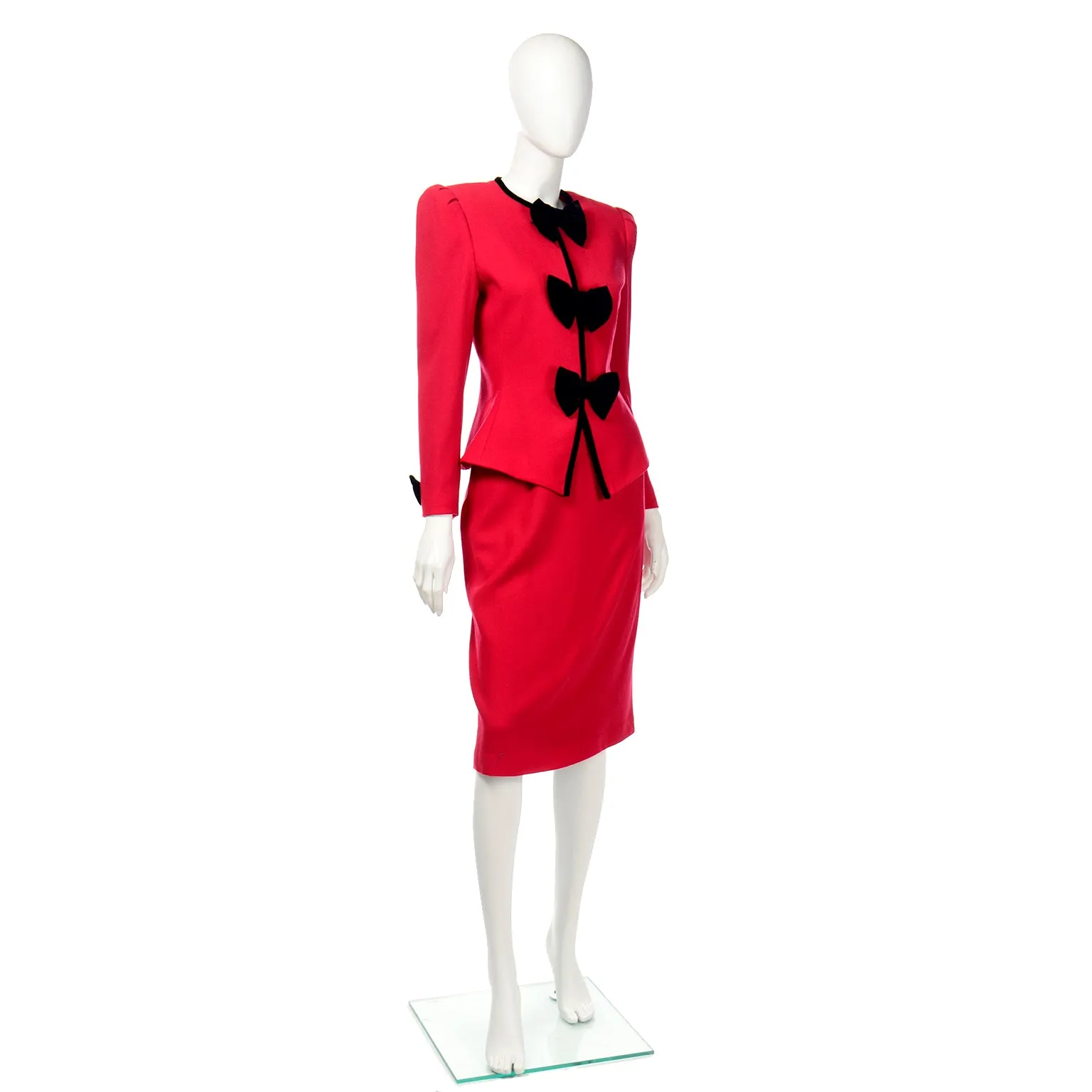 Deadstock Albert Nipon Vintage Red Skirt & Jacket w Black Bows Suit w Tags