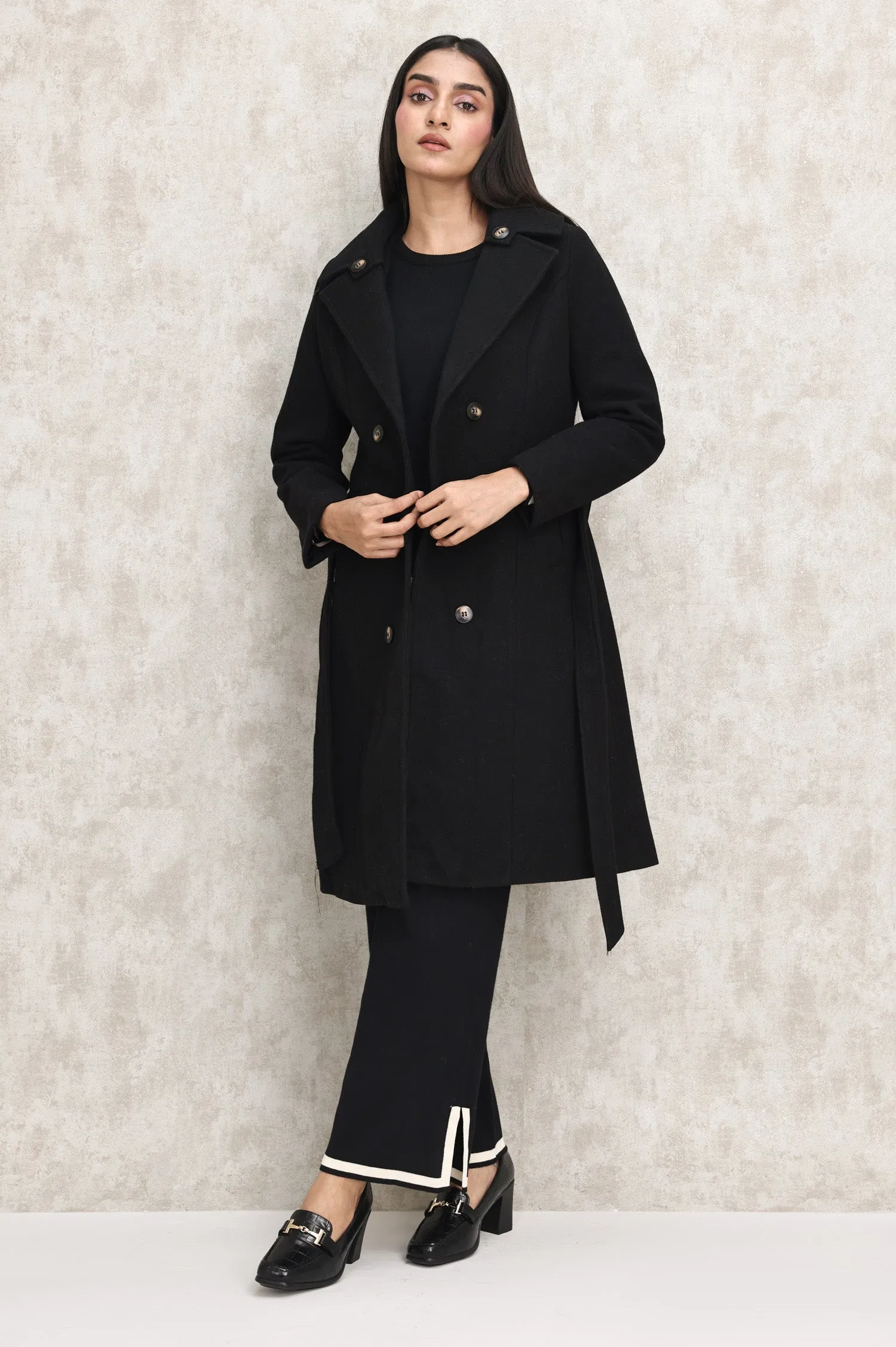 DOUBLE-BREASTED WOOL BLEND OVERCOAT-BLACK