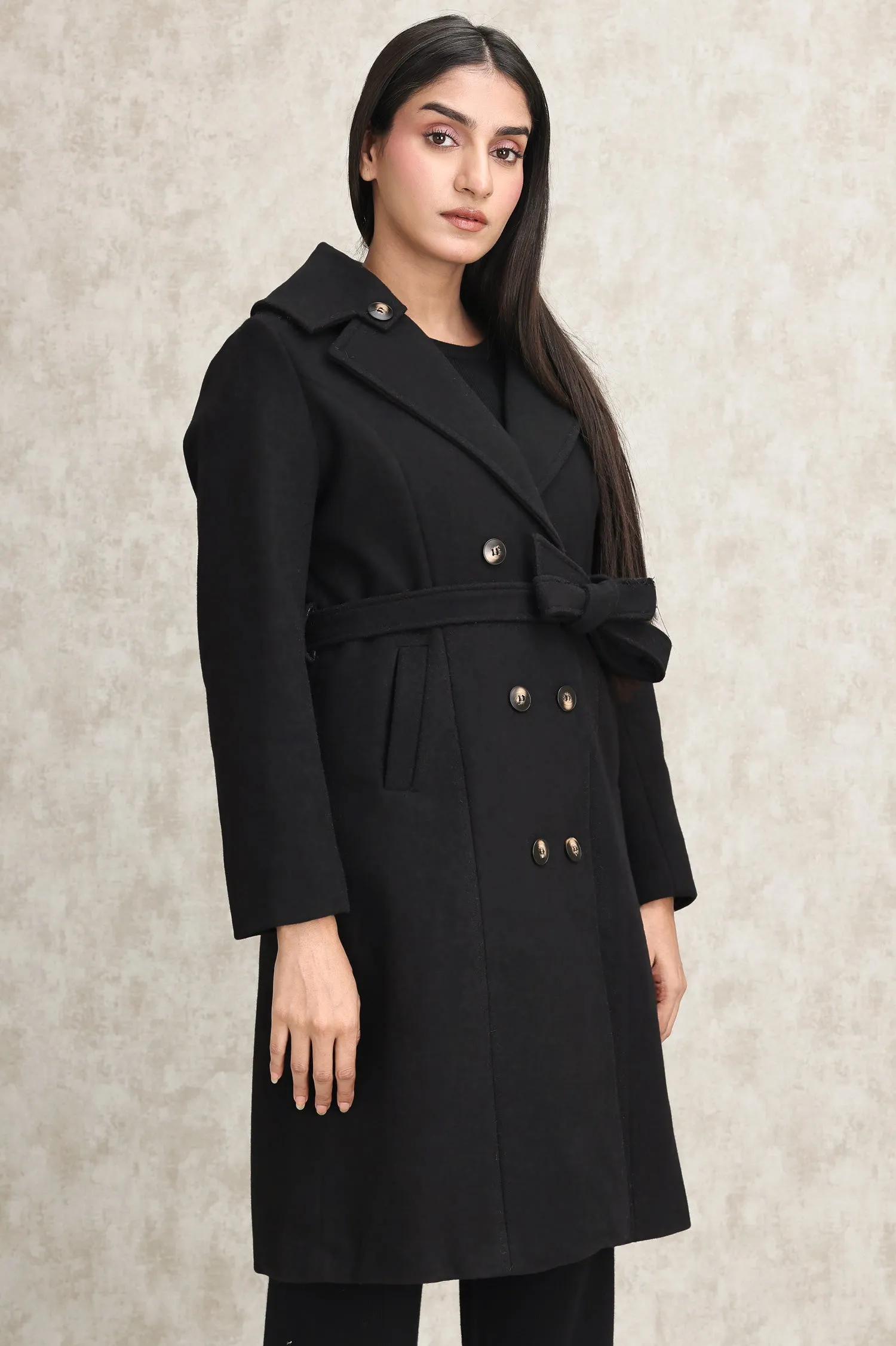 DOUBLE-BREASTED WOOL BLEND OVERCOAT-BLACK