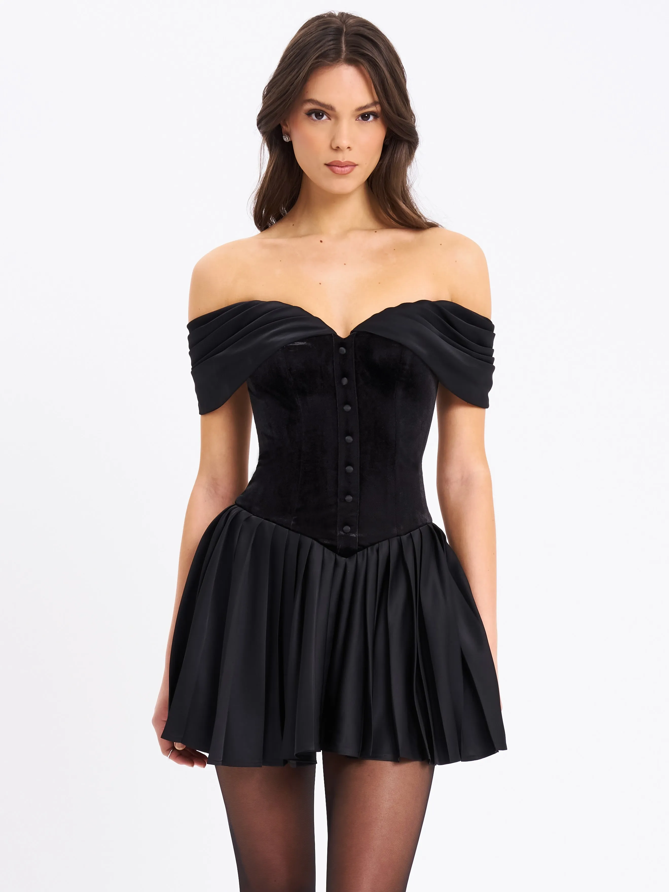 Echo Black Velvet Off-shoulder Pleated Mini Dress