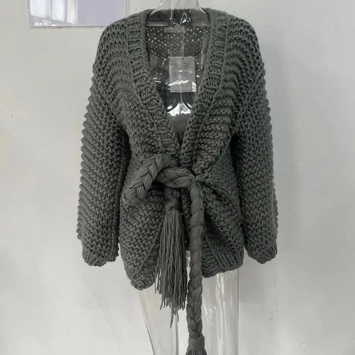 Edwige Chunky Knit Braid Belt Cardigan