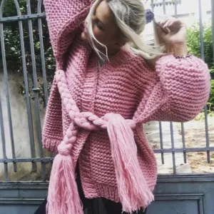 Edwige Chunky Knit Braid Belt Cardigan