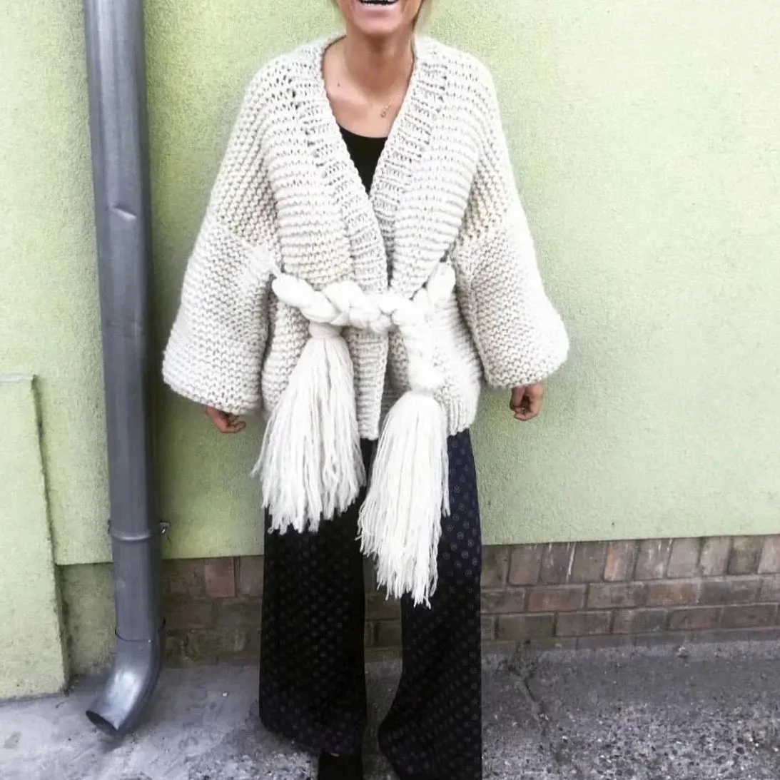 Edwige Chunky Knit Braid Belt Cardigan