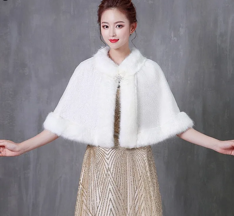 Elegant Faux Fur Bride Shawl Beaded Pin Bridal Winter White Wedding Bolero Cape