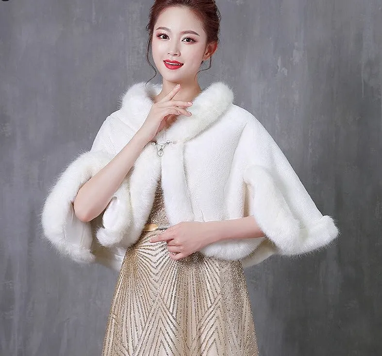 Elegant Faux Fur Bride Shawl Beaded Pin Bridal Winter White Wedding Bolero Cape