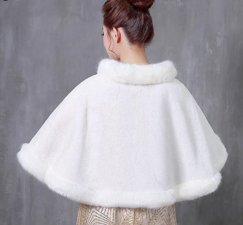 Elegant Faux Fur Bride Shawl Beaded Pin Bridal Winter White Wedding Bolero Cape