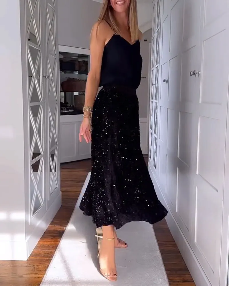 Elegant pleated velvet sequined skirt