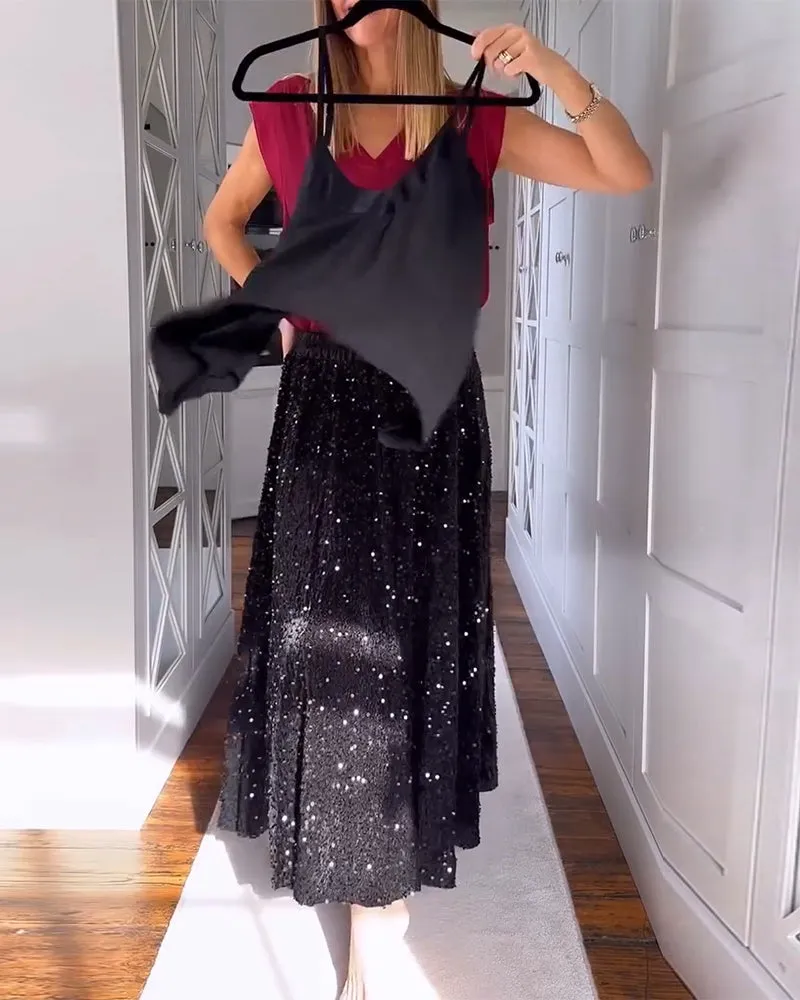 Elegant pleated velvet sequined skirt