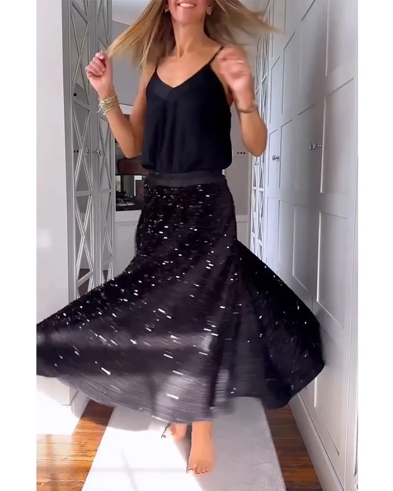 Elegant pleated velvet sequined skirt