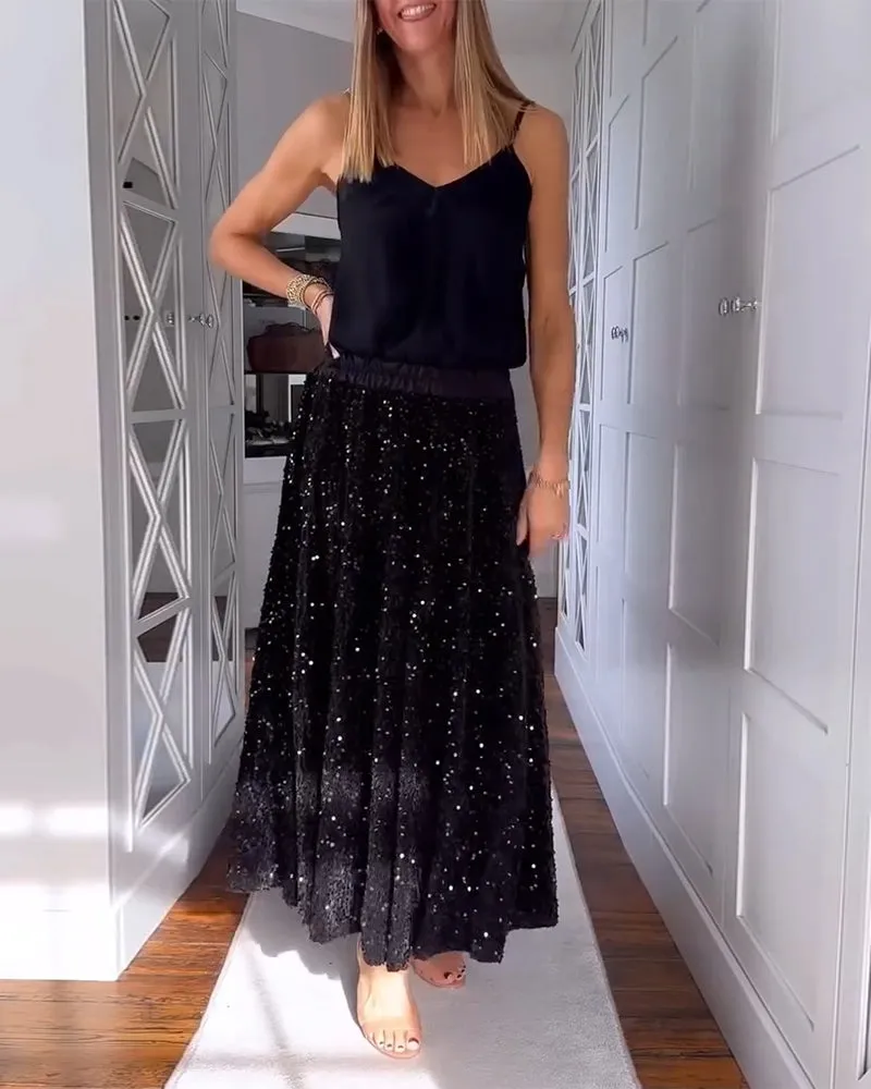 Elegant pleated velvet sequined skirt